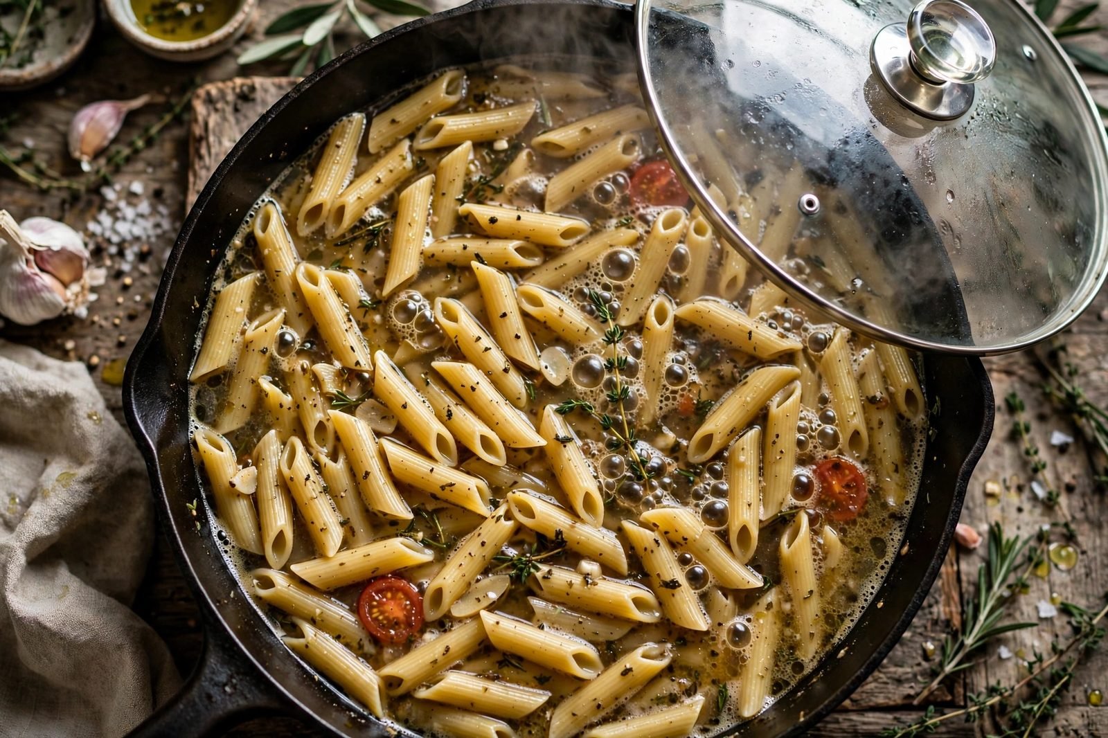 Penne simmering under a lid in a skillet, steam rising