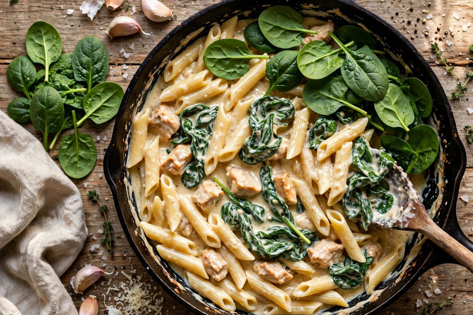 Fresh spinach being folded into the creamy pasta, half-wilted