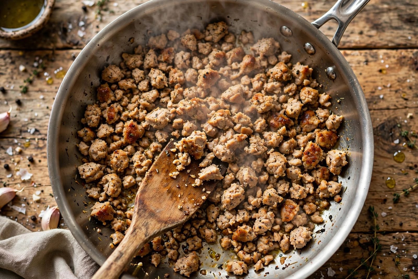Ground turkey crumbles browning in a skillet