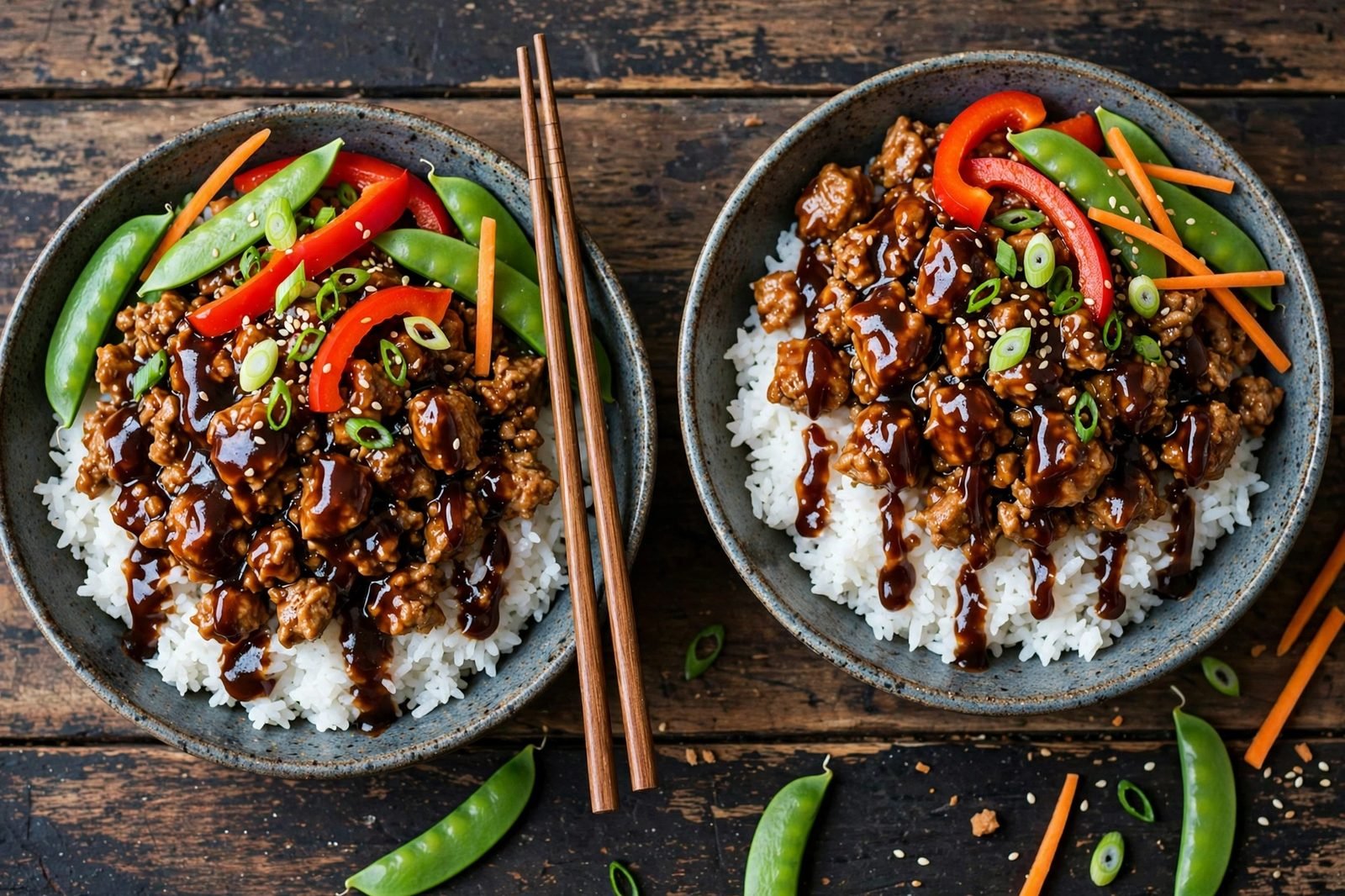 Overhead of two hoisin turkey bowls with glaze, peppers, snap peas, carrots, green onions, and sesame seeds