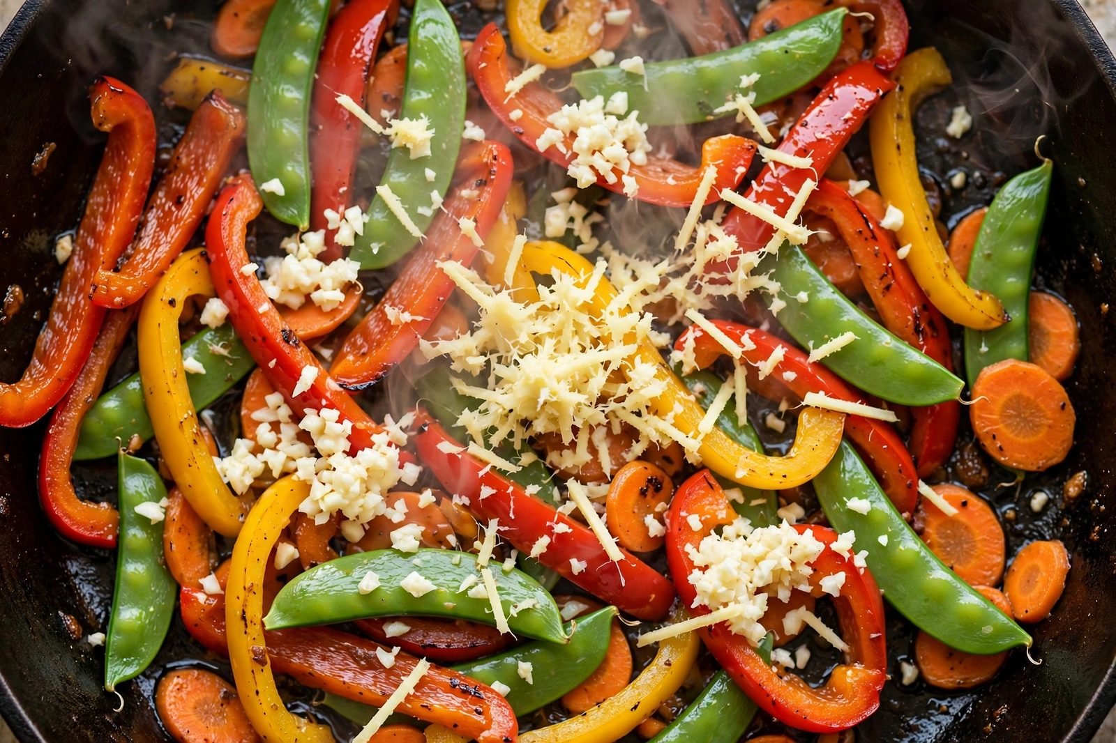 Minced garlic and grated ginger added to the vegetables in the skillet