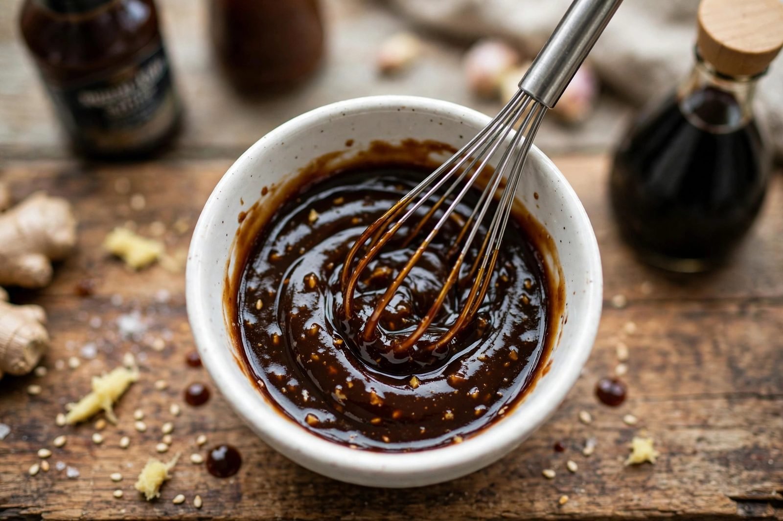 Hoisin-ginger glaze being whisked in a small bowl