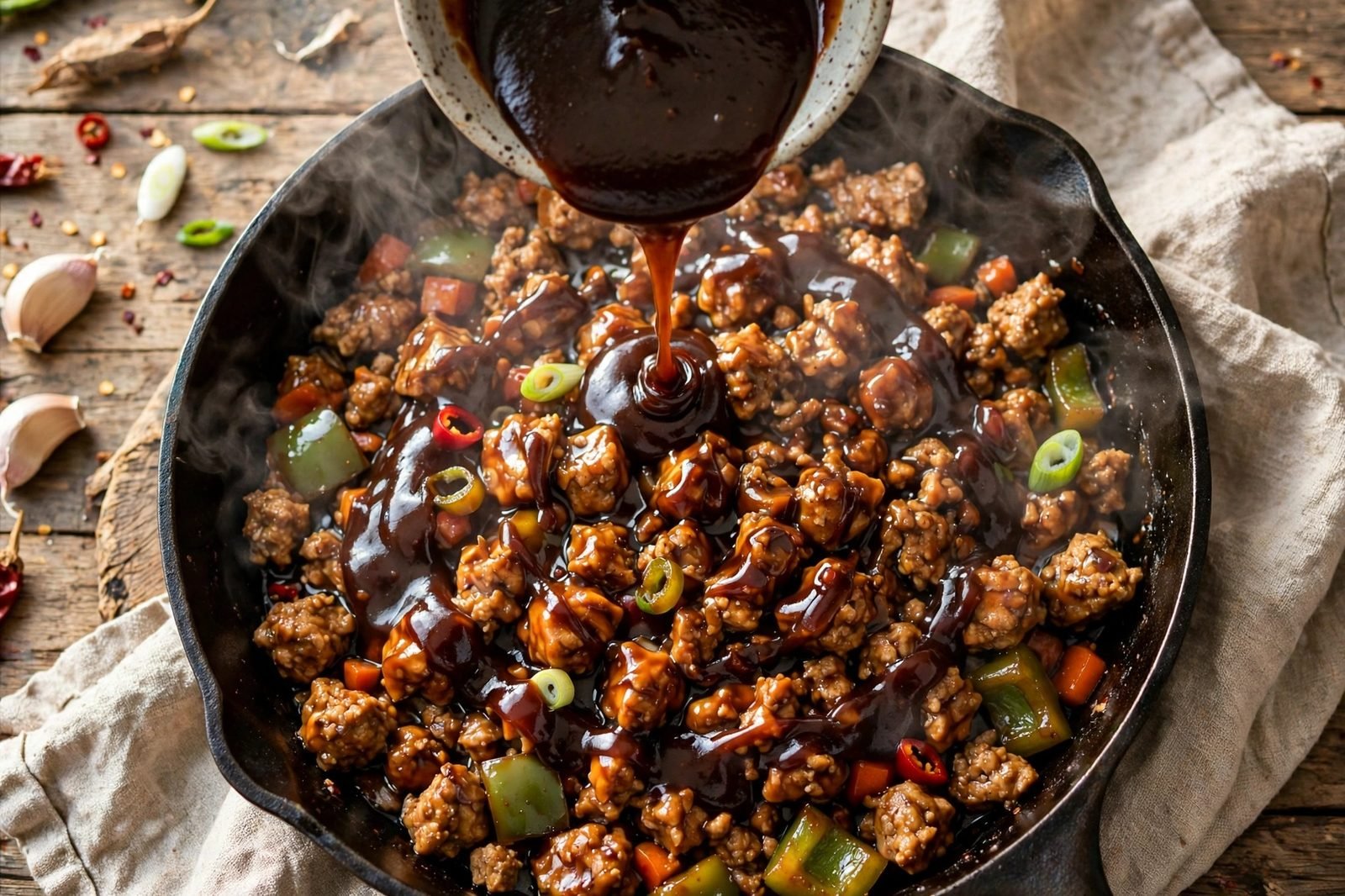 Hoisin glaze poured over turkey and vegetables in the skillet