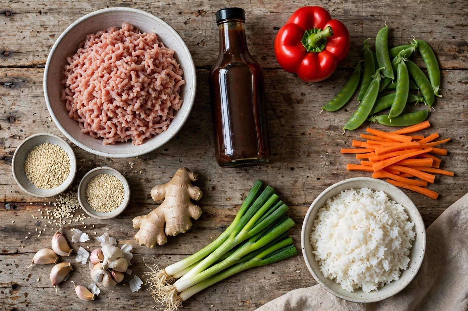 Ingredients for hoisin turkey bowls: ground turkey, hoisin sauce, bell pepper, snap peas, carrots, rice, garlic, ginger, and green onions