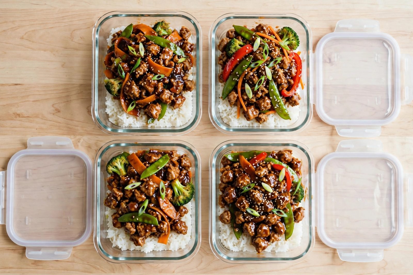 Meal-prep containers portioned with hoisin turkey mixture and rice