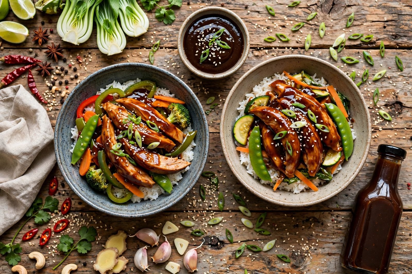 Overhead spread of hoisin turkey bowls with a glaze bowl and scattered green onions