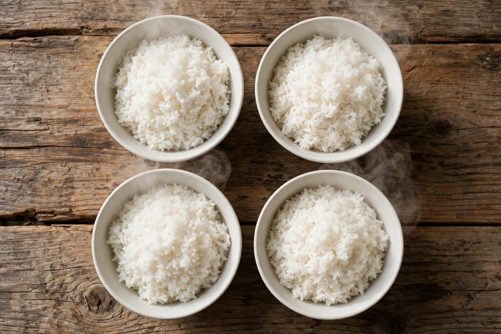 Cooked white rice portioned into bowls