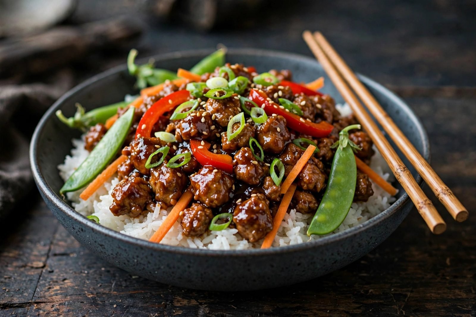 Served hoisin turkey bowl with green onions, sesame seeds, and chopsticks