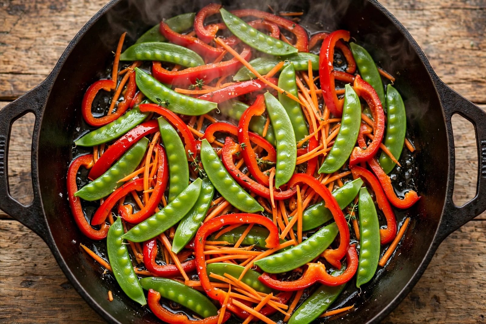 Sliced bell pepper, snap peas, and carrot matchsticks sauteing in a skillet