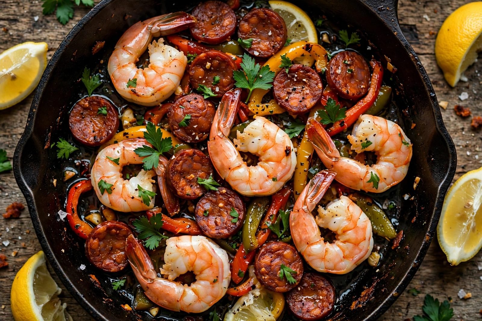 Close-up of finished shrimp and chorizo with smoky sauce