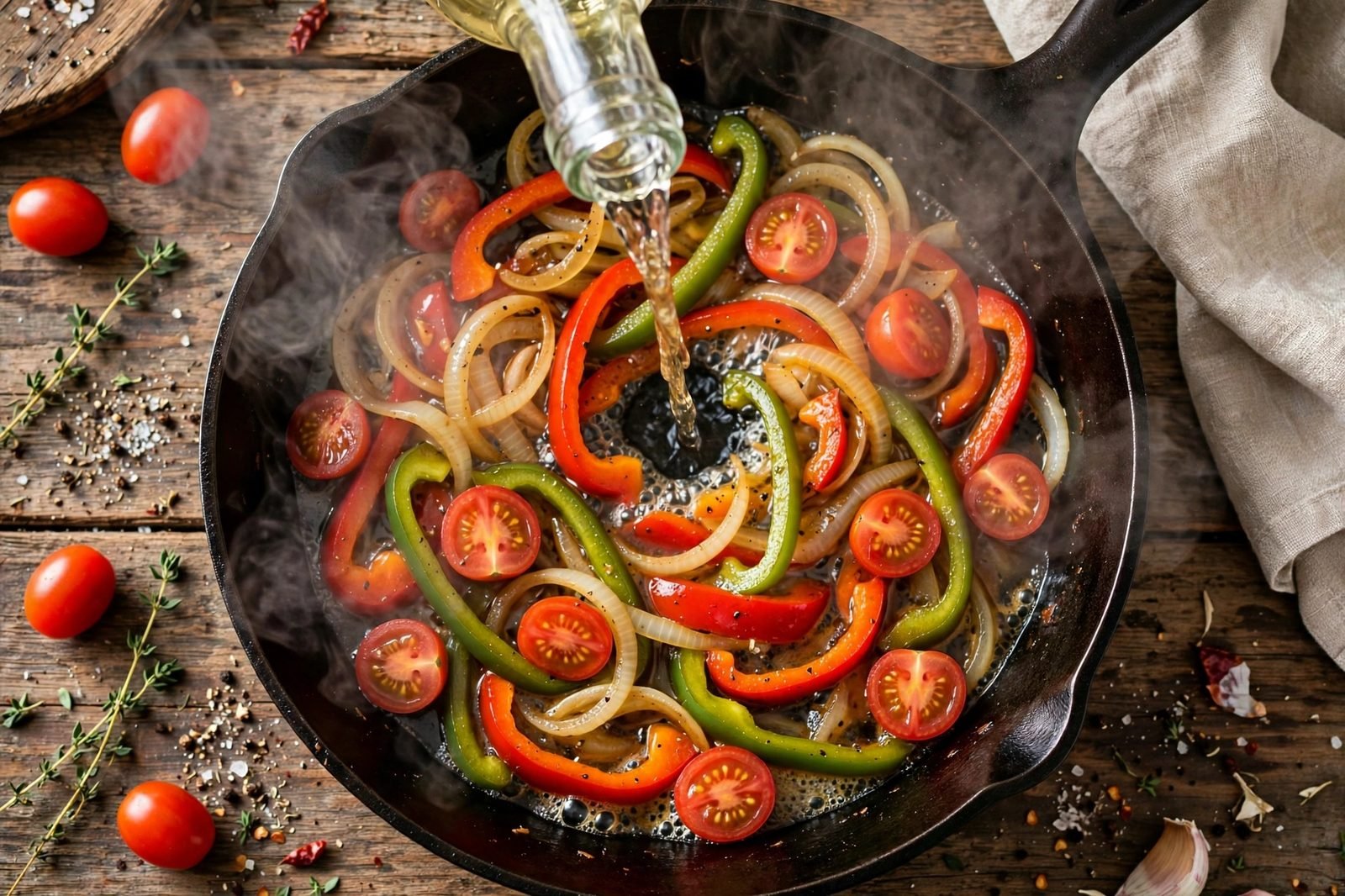 White wine being poured into the skillet to deglaze