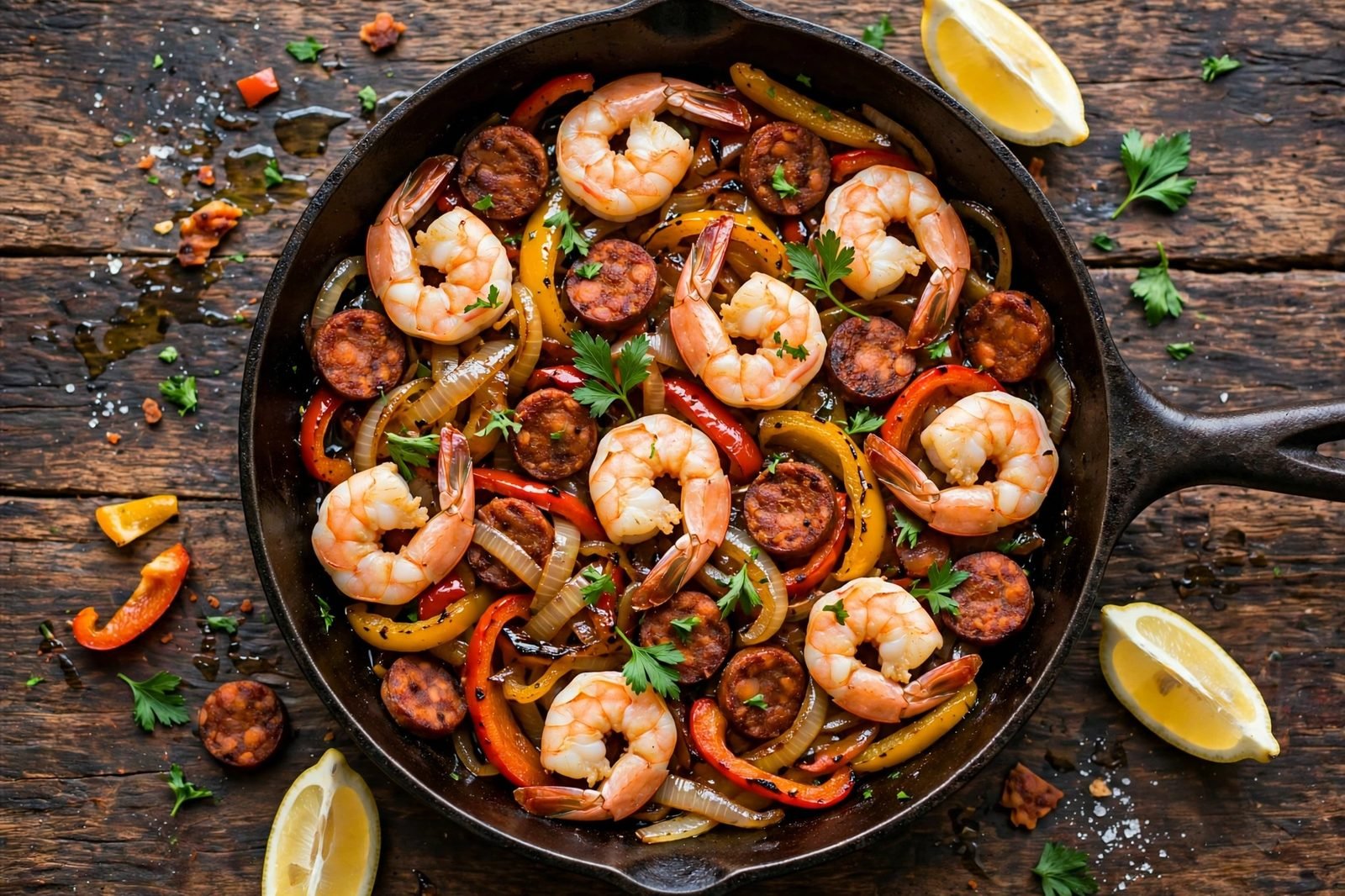 Finished shrimp and chorizo skillet overhead with parsley and lemon wedges