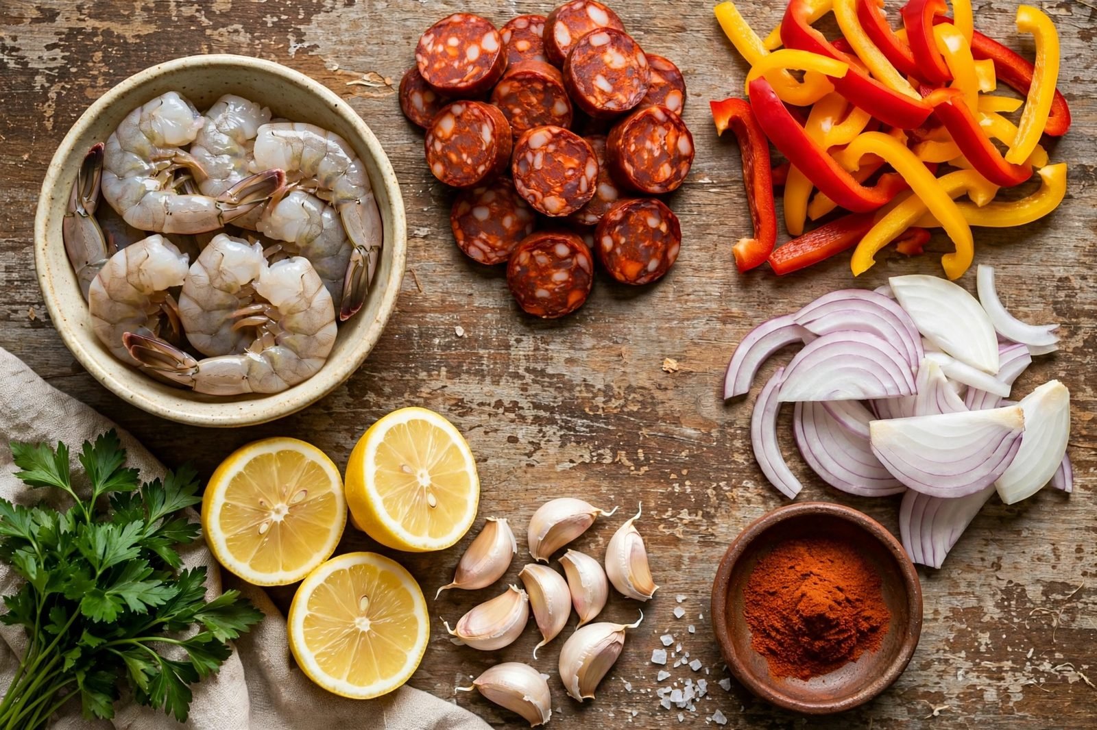 Ingredients for shrimp and chorizo skillet: shrimp, chorizo, peppers, tomatoes, garlic, and spices