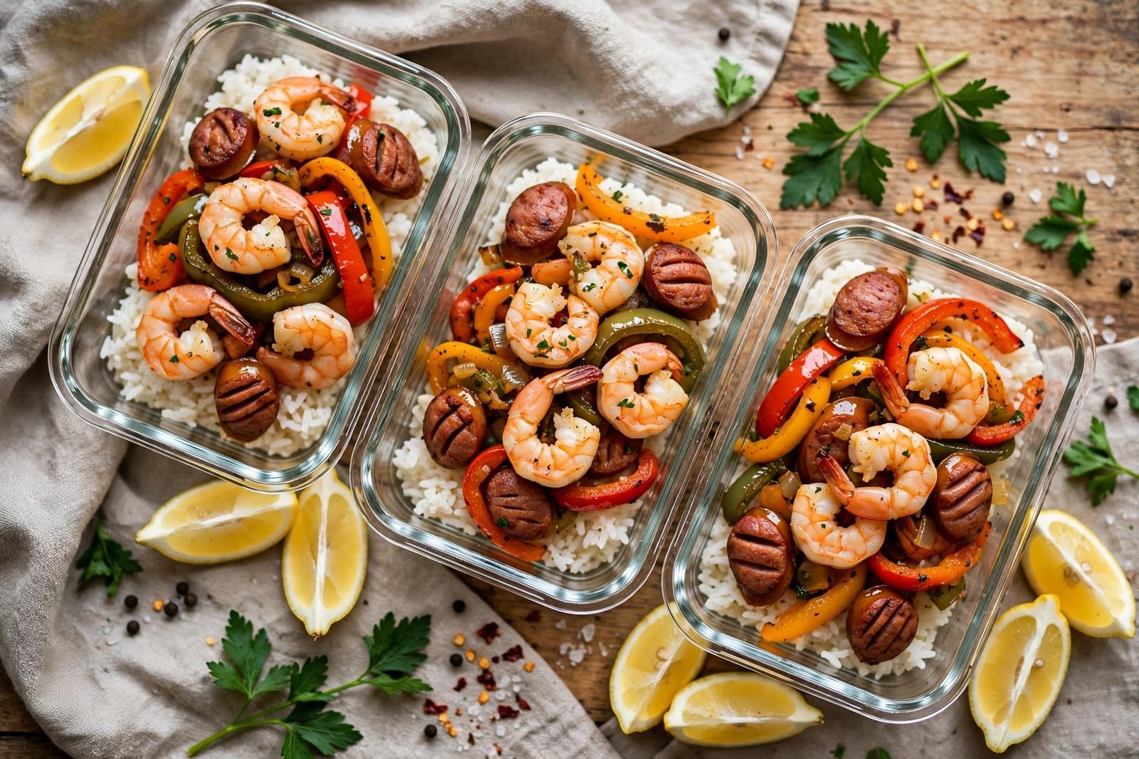 Meal-prep containers portioned with shrimp, chorizo, and rice