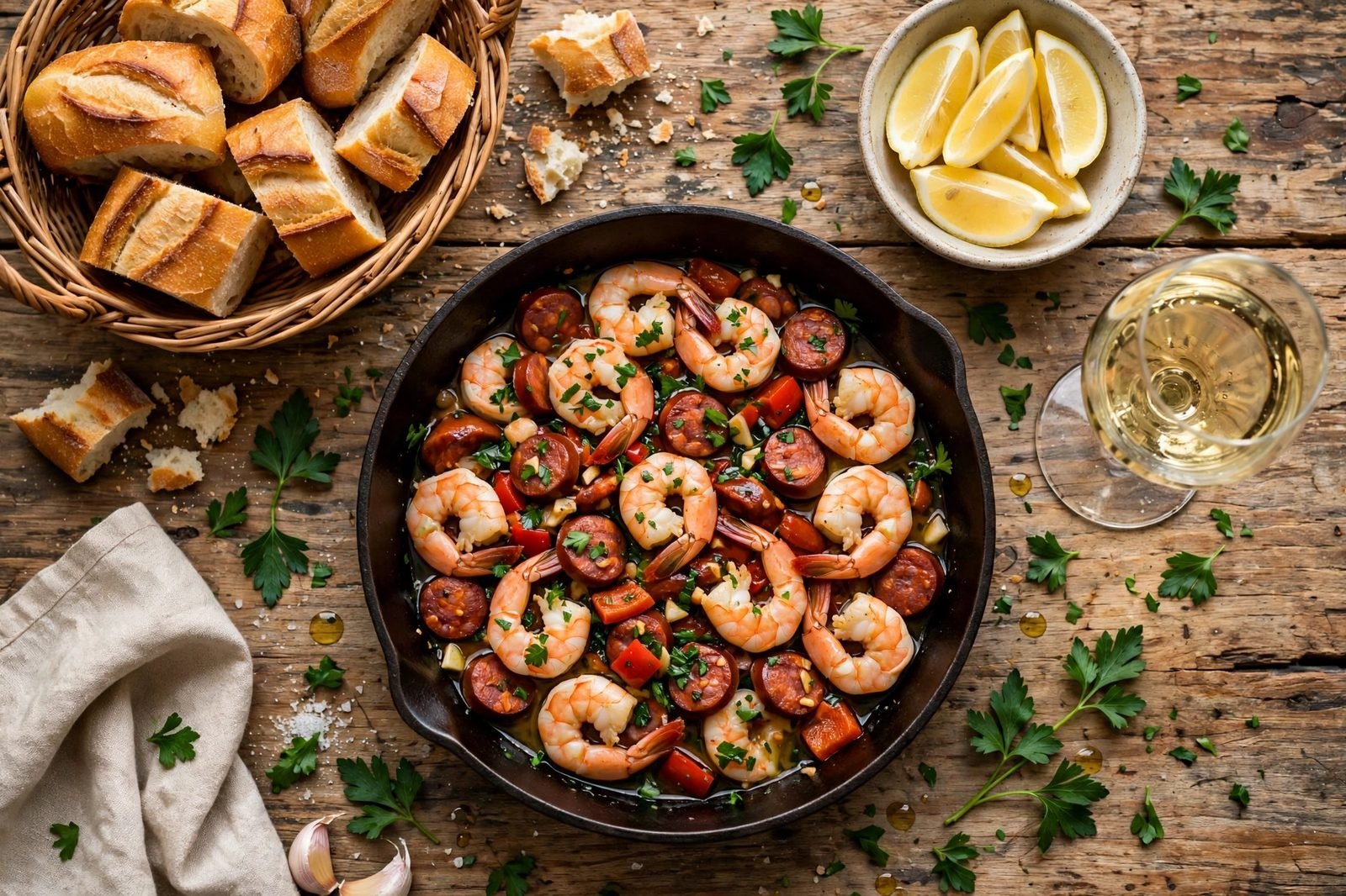 Overhead table spread with the shrimp and chorizo skillet, bread, and lemon wedges