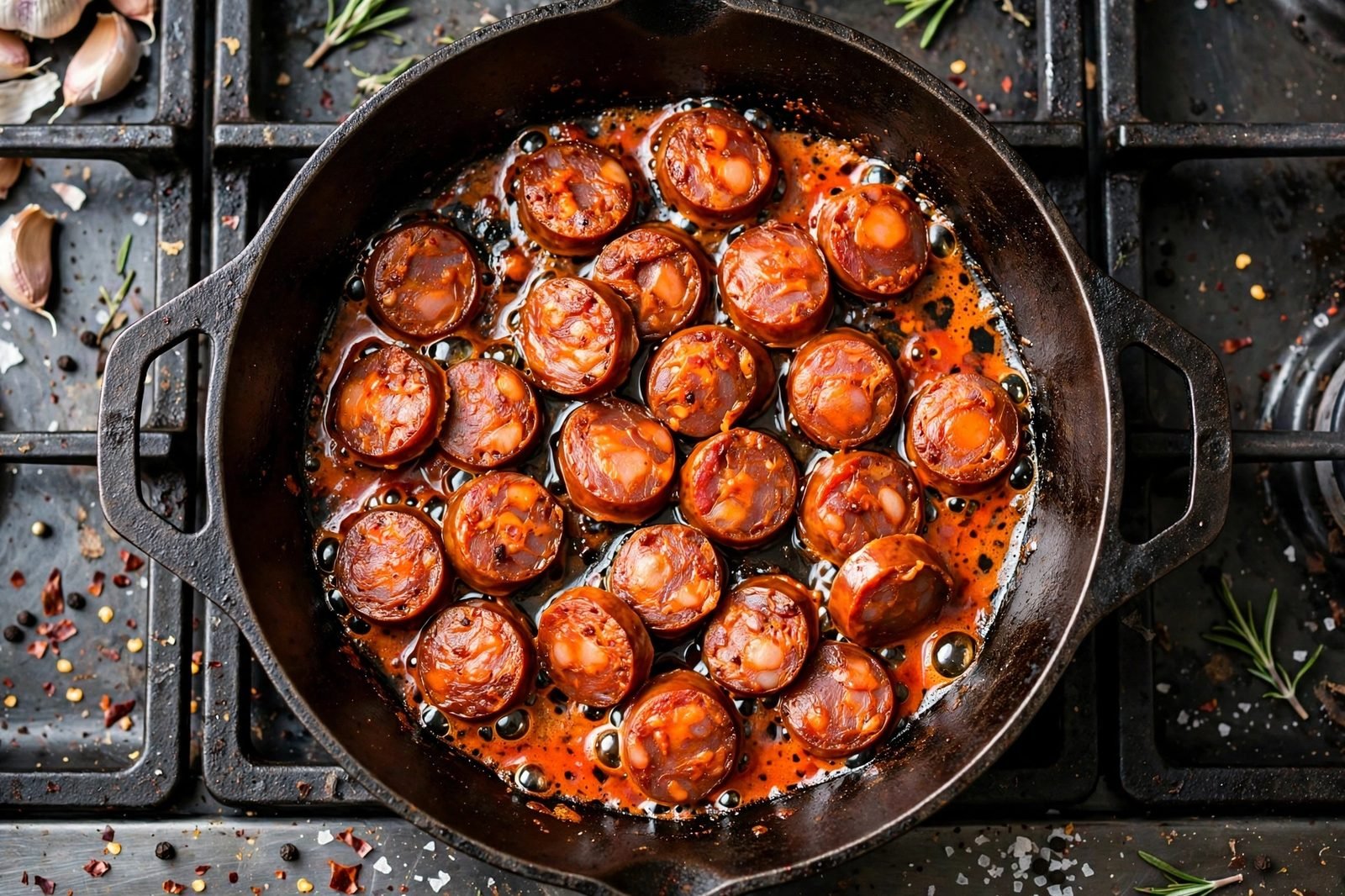 Chorizo coins rendering in a skillet
