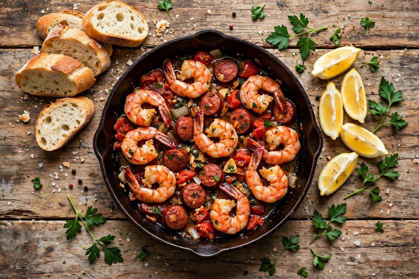 Shrimp and chorizo skillet served with crusty bread