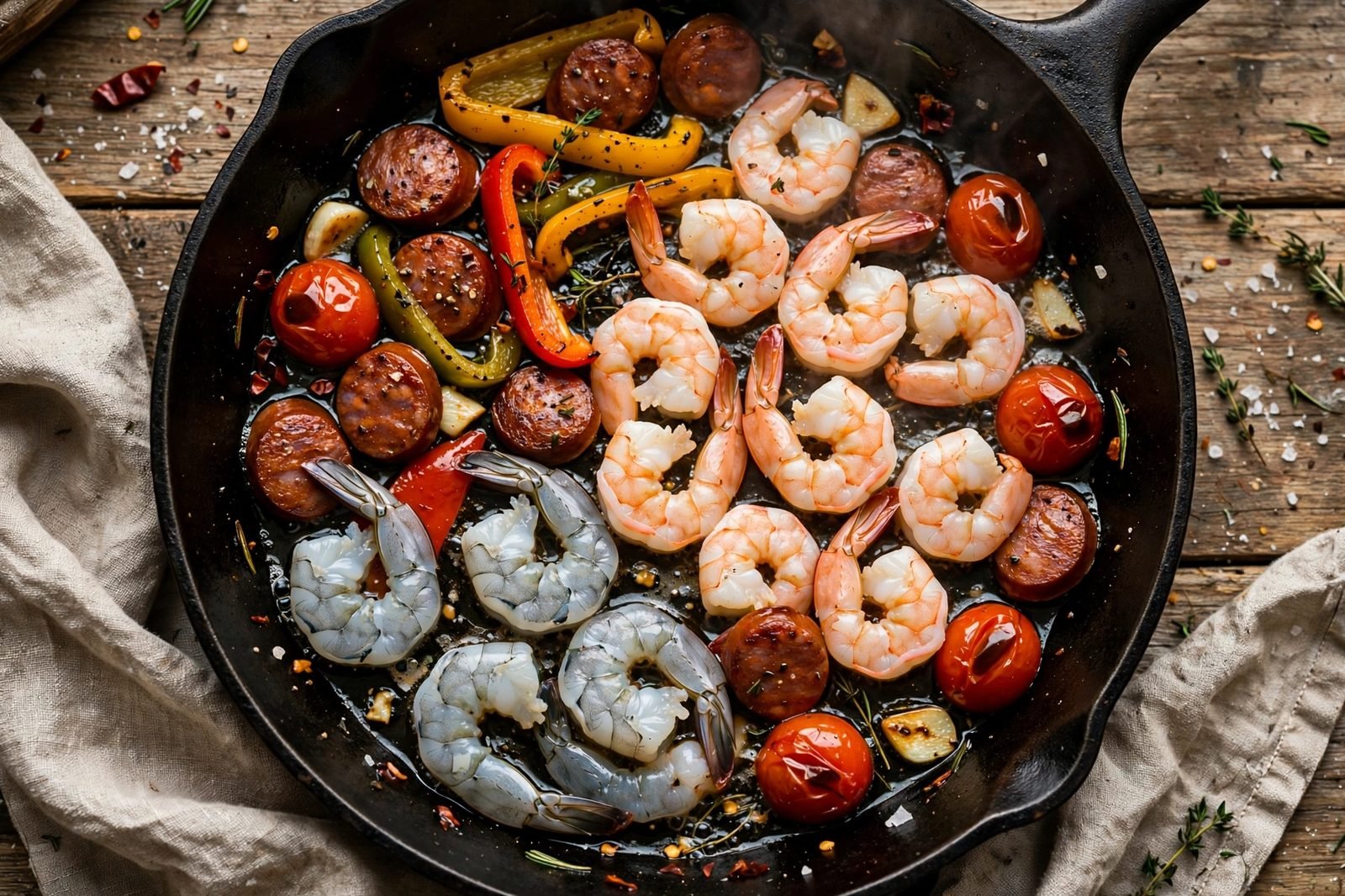 Shrimp cooking in the skillet, turning pink