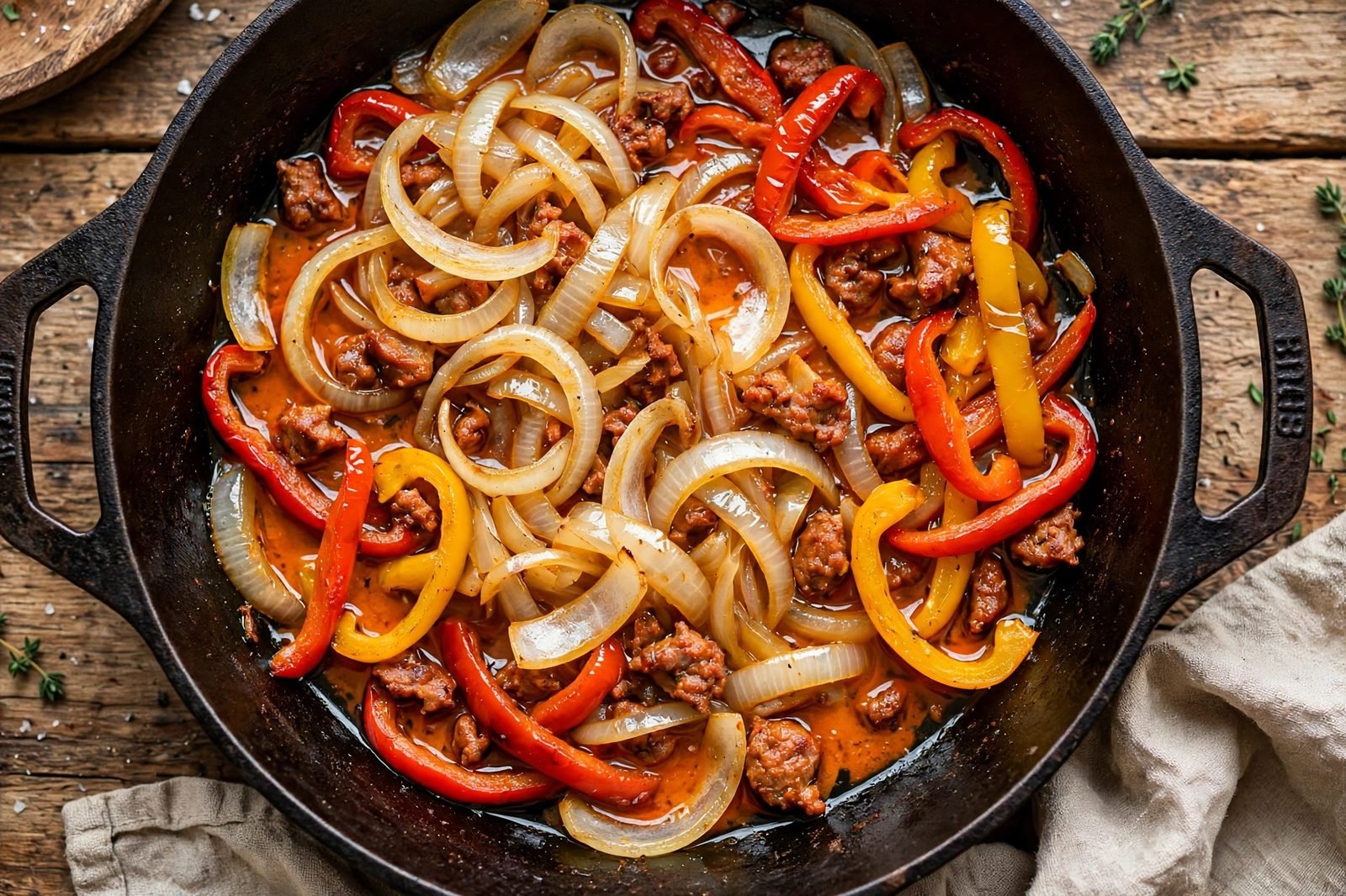 Onion and bell peppers softening in rendered chorizo fat