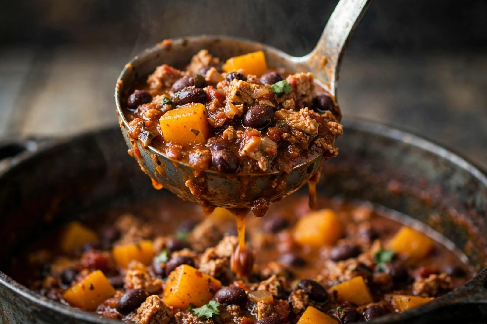 Close-up of a ladle scooping thick turkey and butternut chili