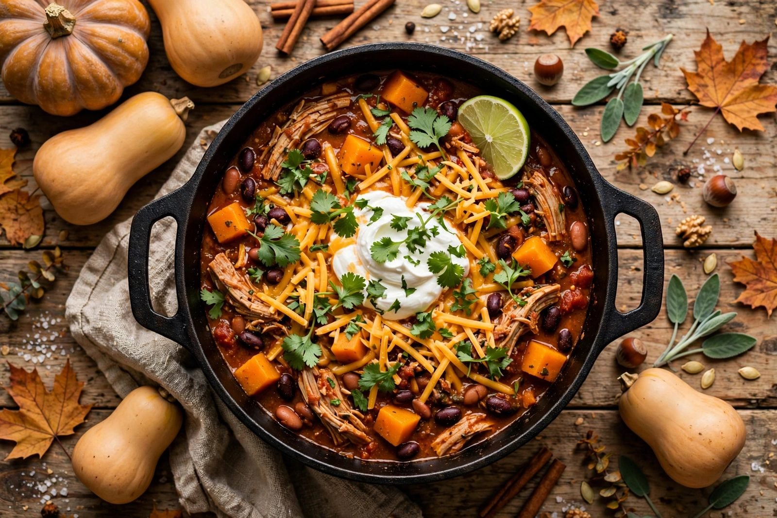 Overhead view of turkey and butternut squash chili in a pot, topped with sour cream, cheddar, cilantro, and lime