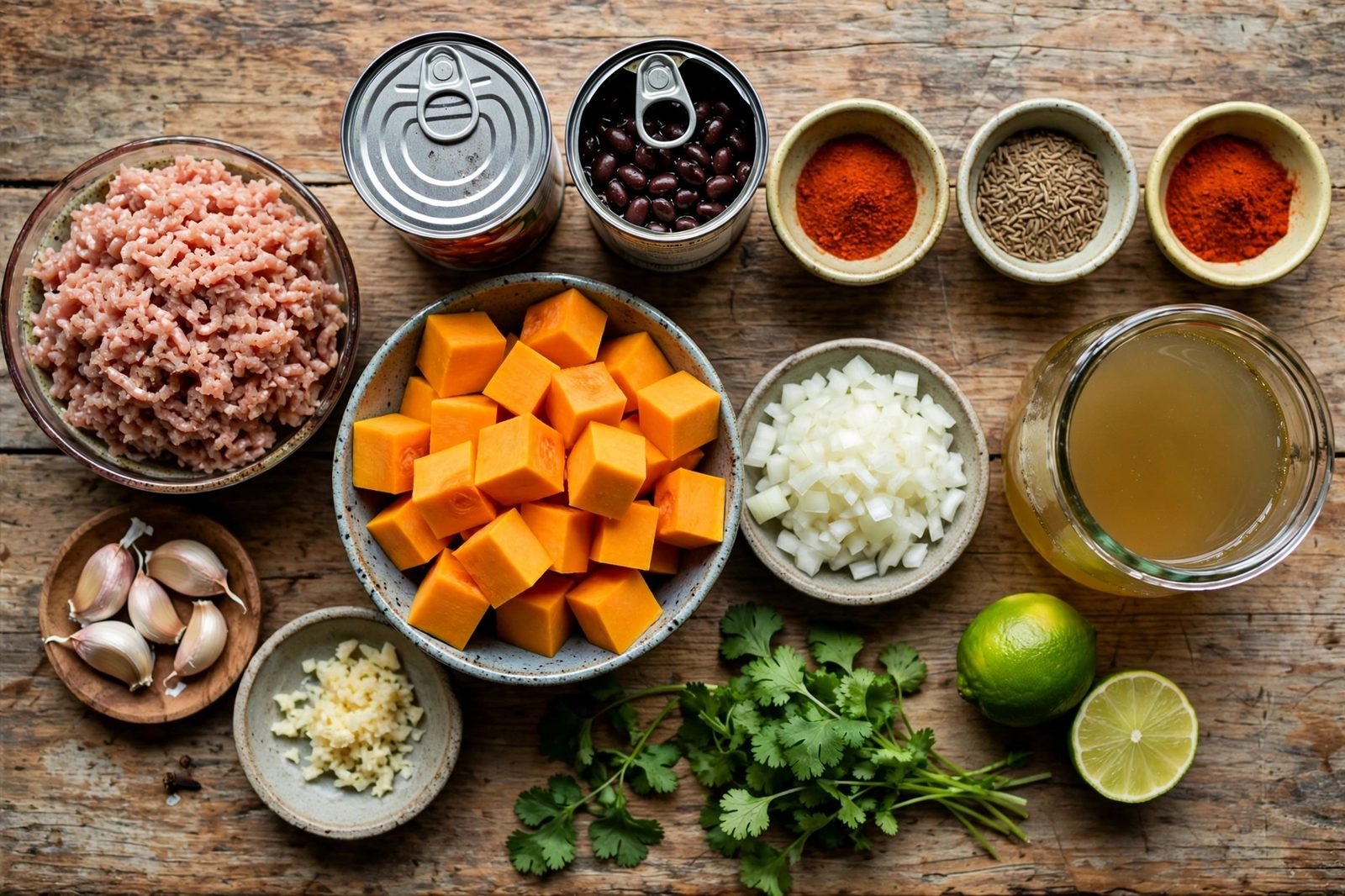 Ingredients for turkey and butternut chili laid out on a table