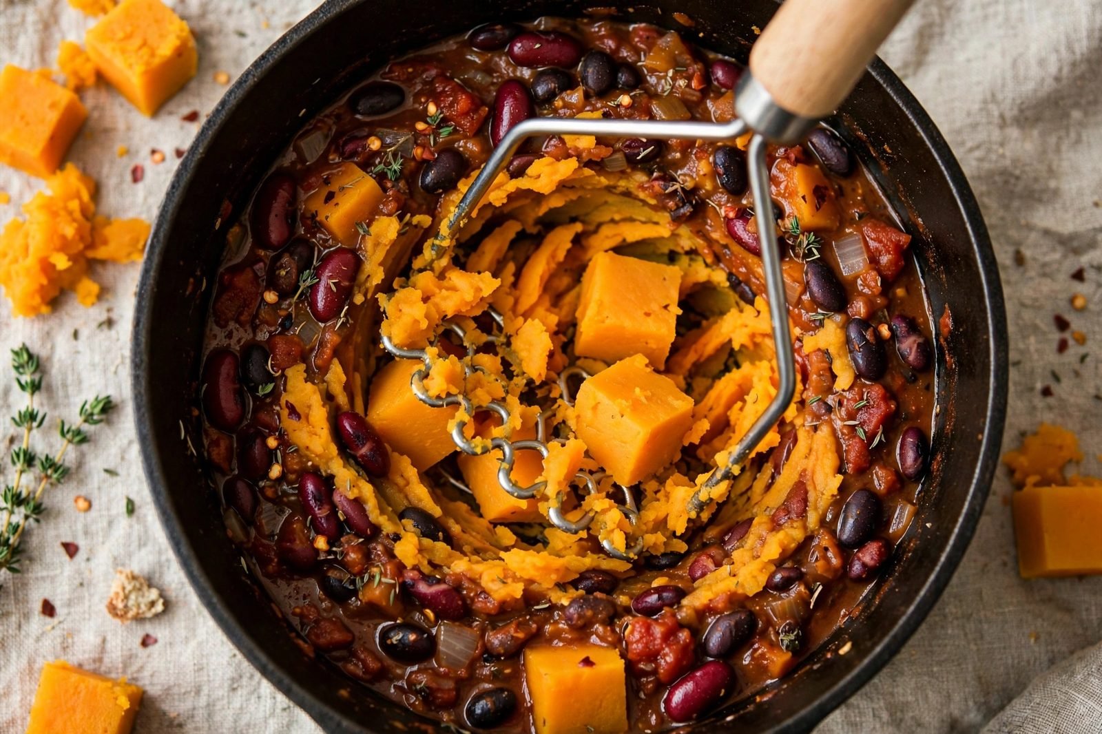 Mashing soft butternut squash cubes into the chili to thicken it