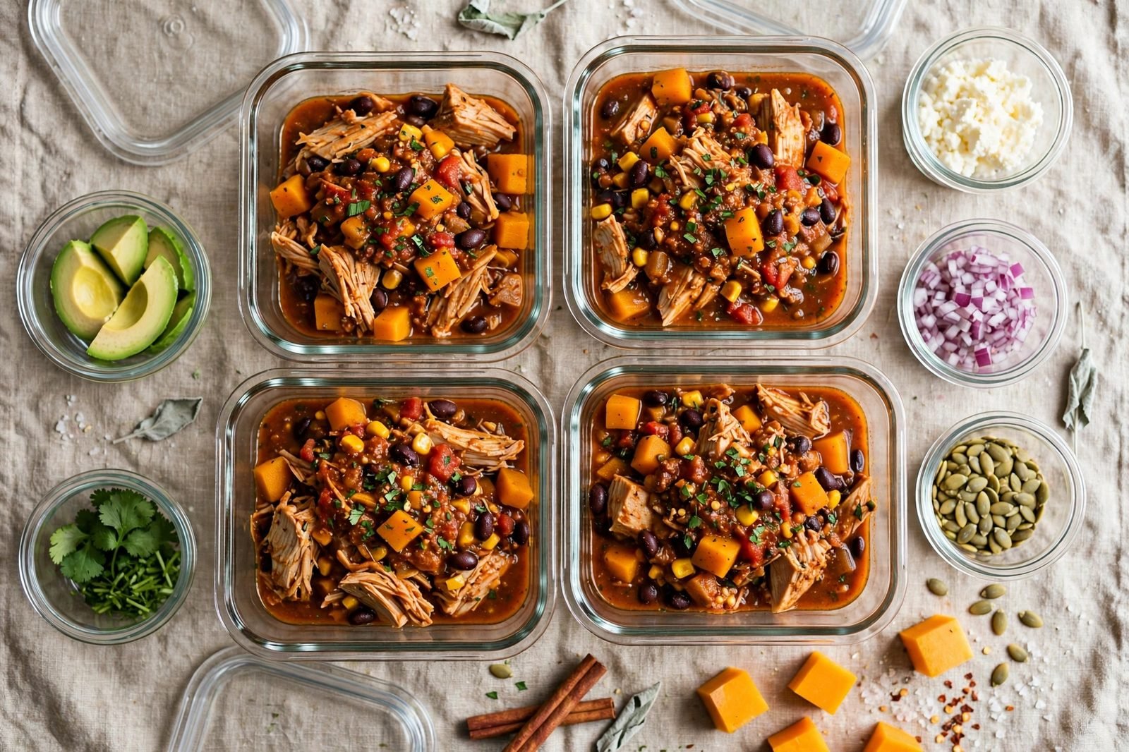 Turkey and butternut chili portioned into glass meal-prep containers