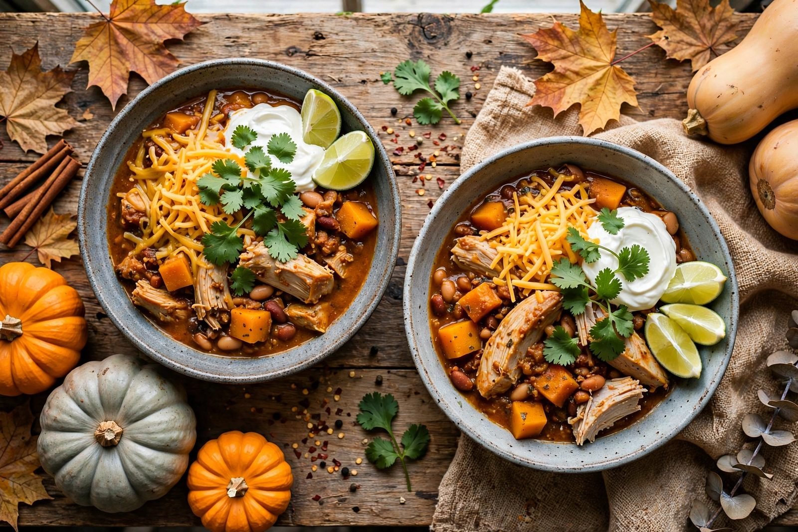 Two bowls of turkey and butternut chili topped with cheese, sour cream, cilantro, and lime