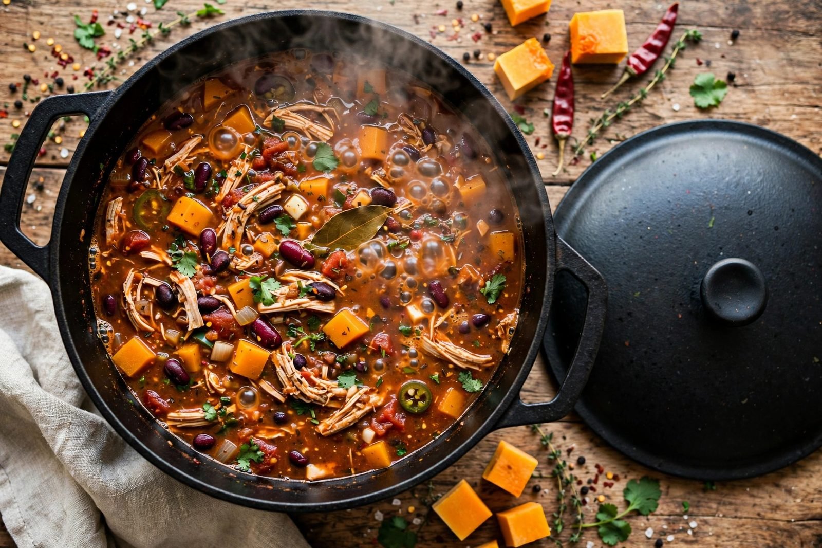 Turkey and butternut chili simmering in a Dutch oven