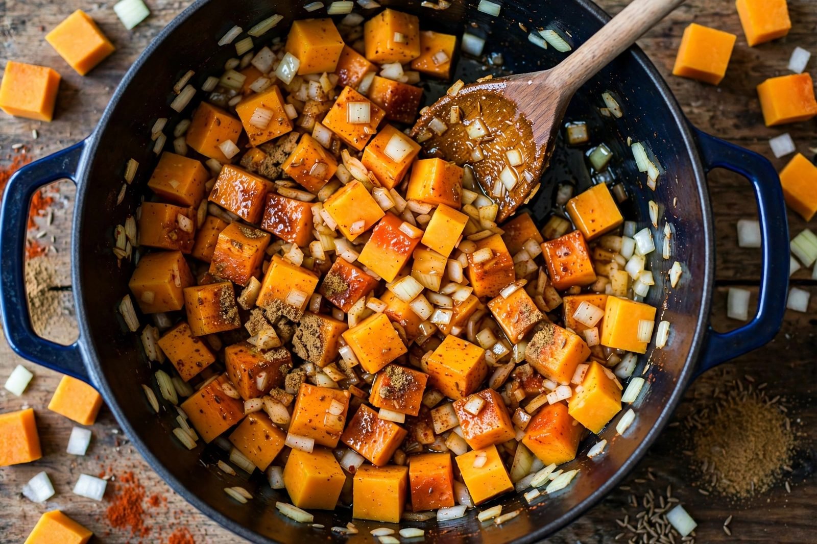 Onion, butternut squash, and spices cooking in a pot