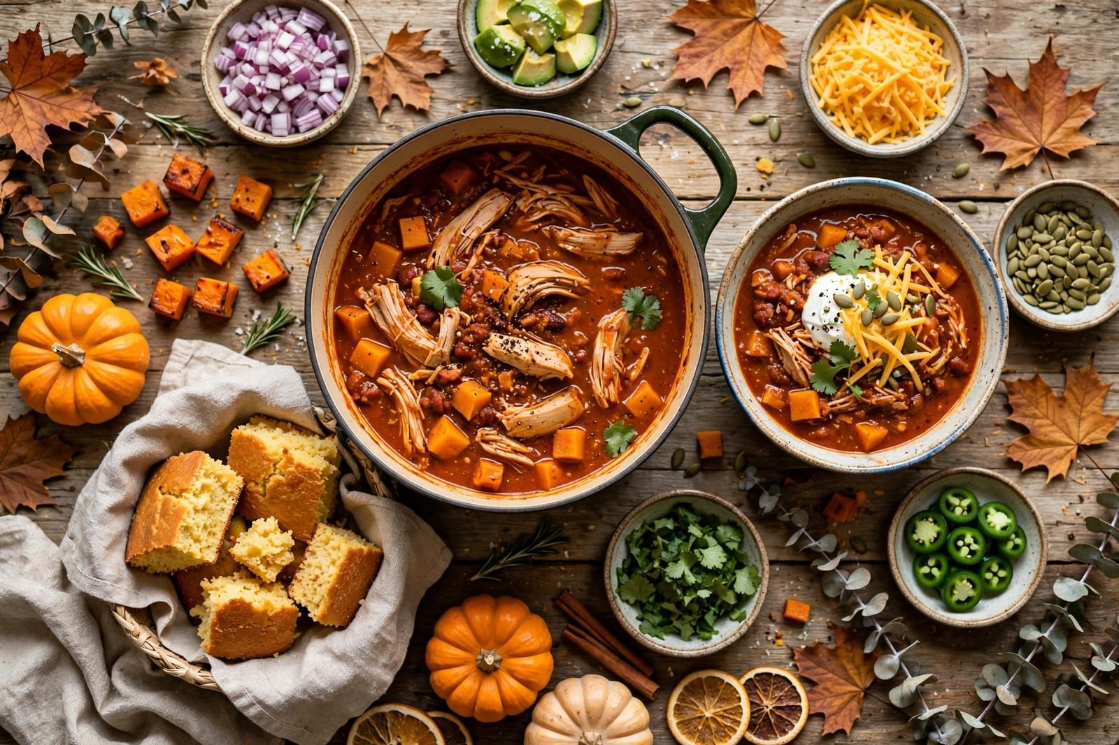 Table spread with turkey and butternut chili, toppings, and cornbread