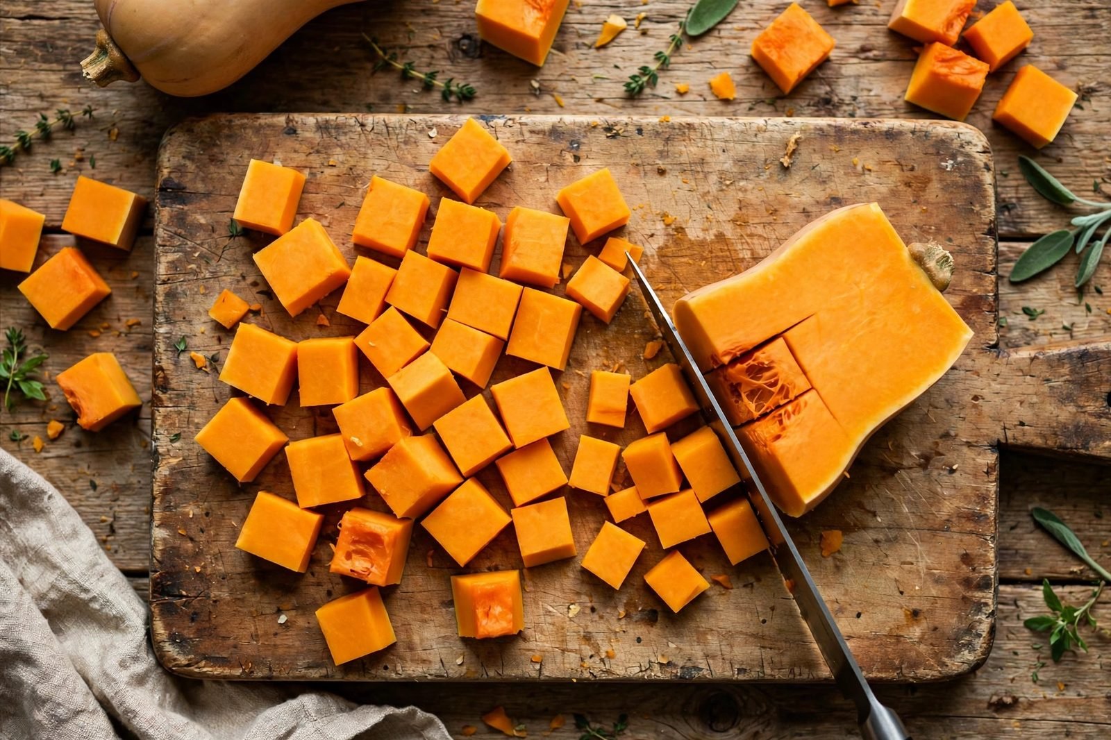 Butternut squash cubes cut into smaller pieces on a cutting board