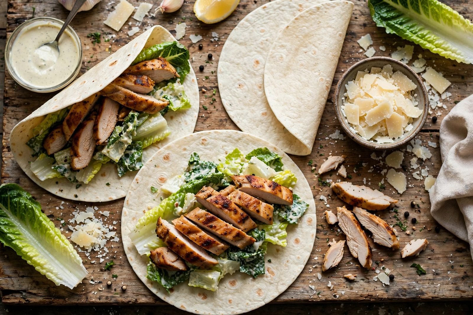 Tortillas being filled with chicken and dressed romaine