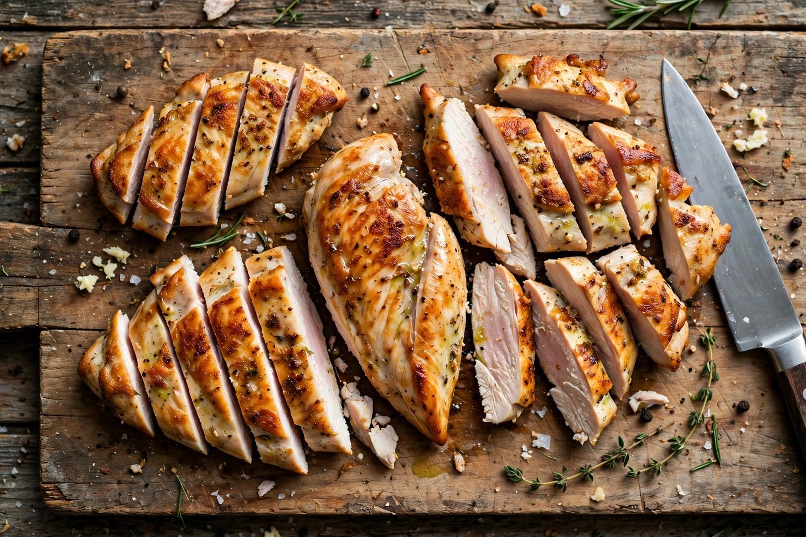 Seared chicken being sliced into strips