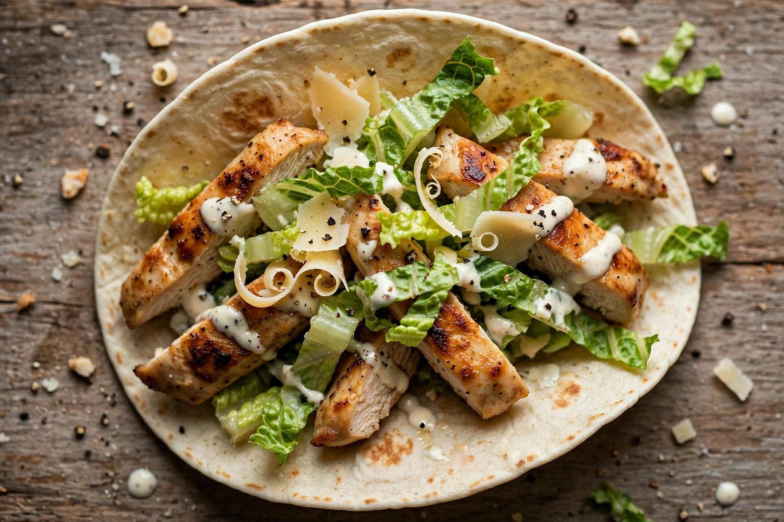 Close-up of a chicken Caesar taco with romaine, Parmesan, and dressing drizzle