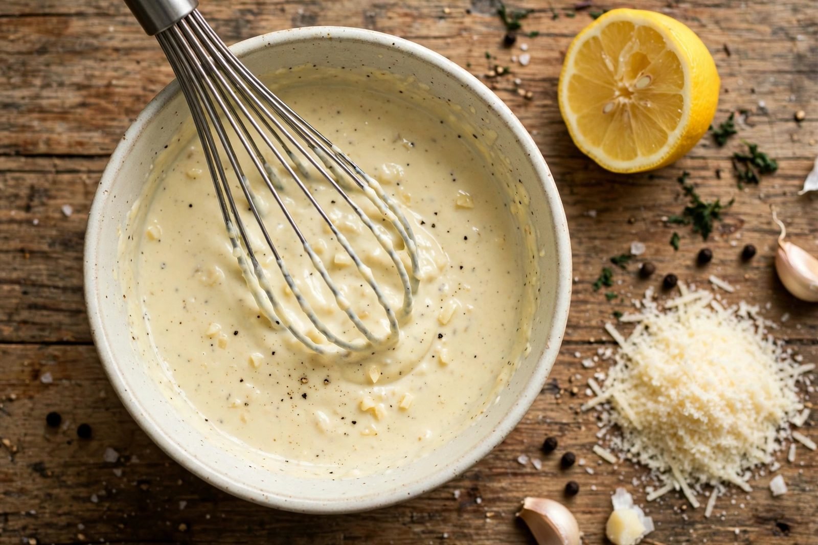 Caesar dressing being whisked in a bowl