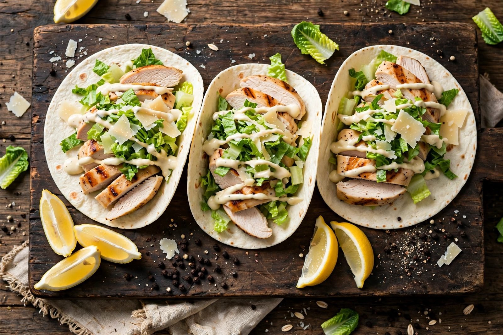 Overhead view of three chicken Caesar smash tacos on a board with lemon wedges
