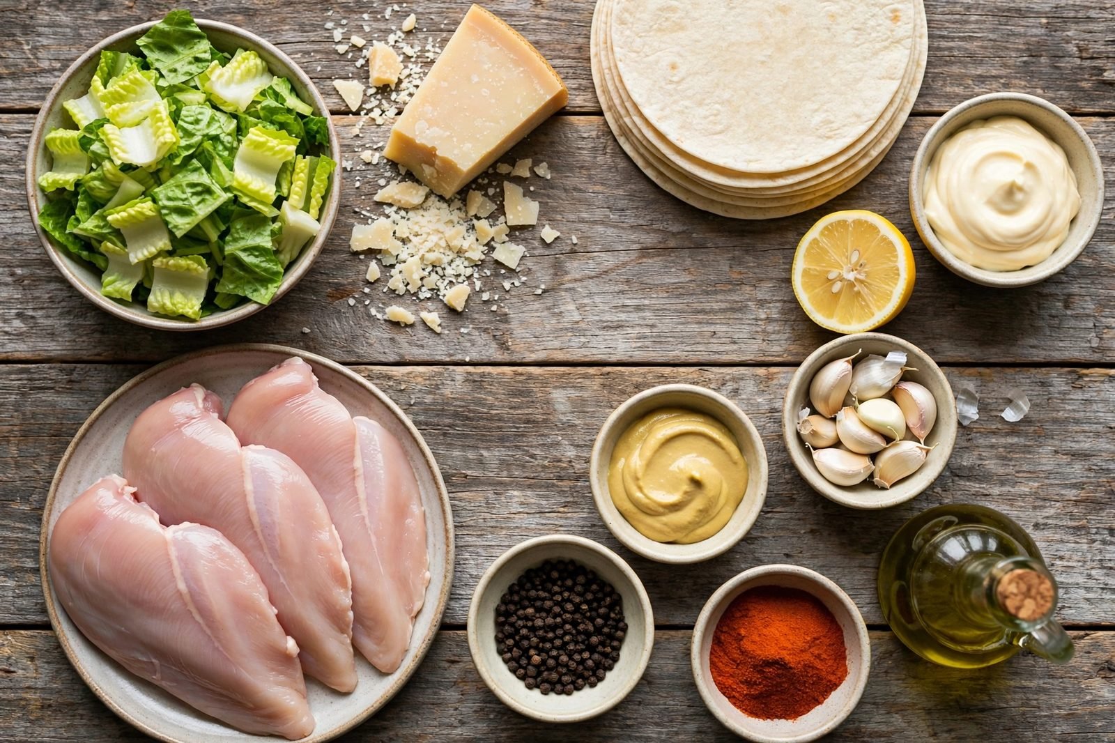 Ingredients for chicken Caesar tacos: chicken cutlets, romaine, Parmesan, and dressing ingredients