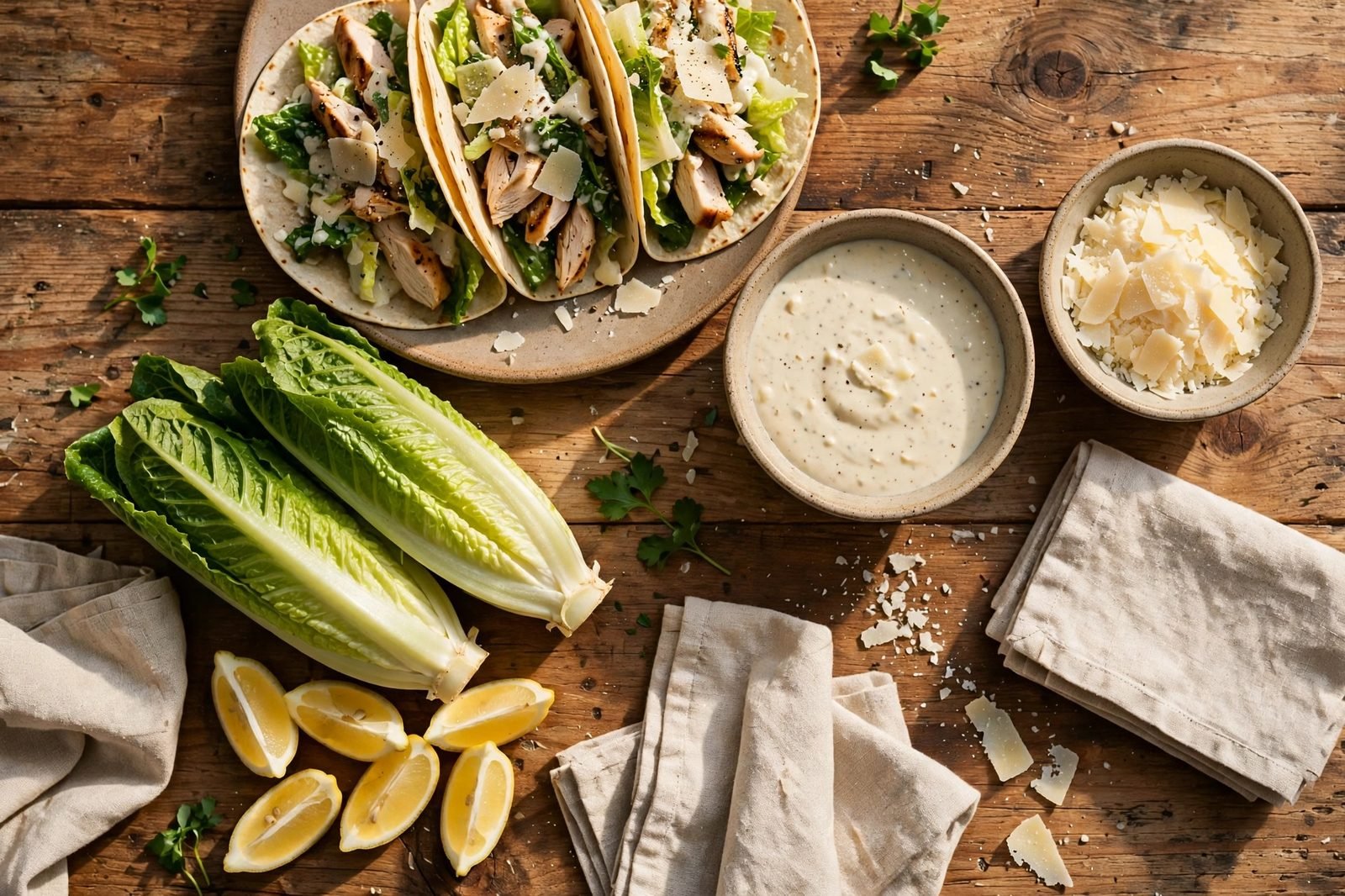 Overhead table spread with chicken Caesar tacos, dressing bowl, and extra Parmesan