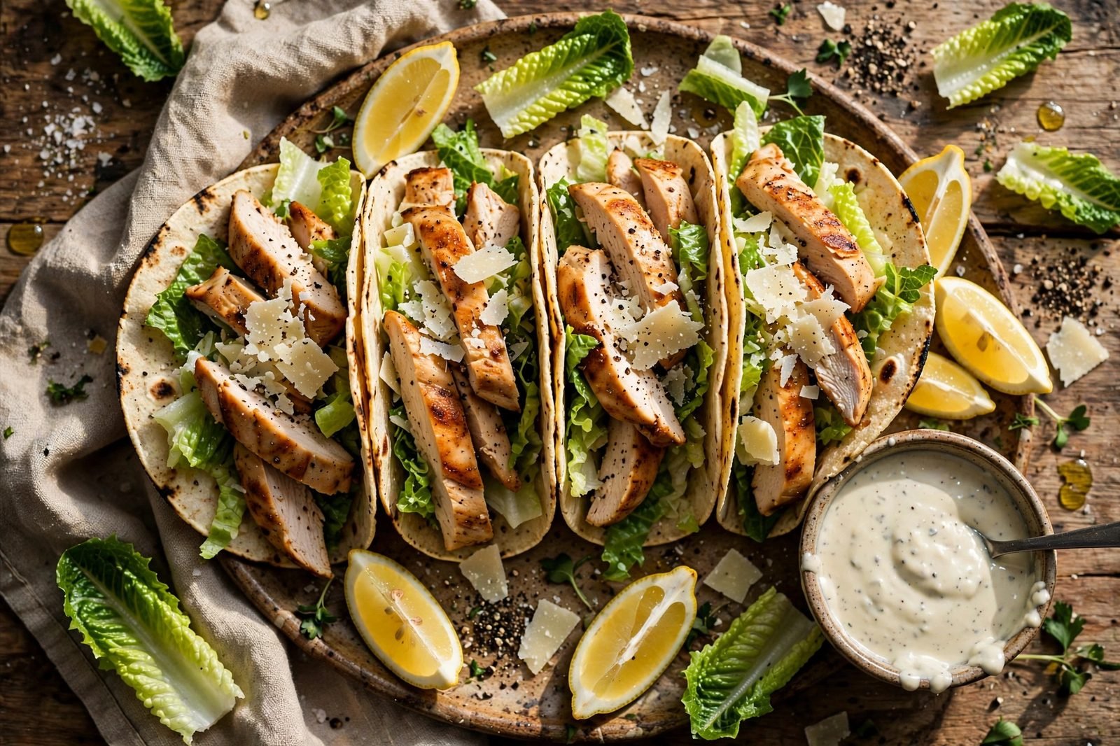 Platter of chicken Caesar tacos with lemon wedges and cracked pepper