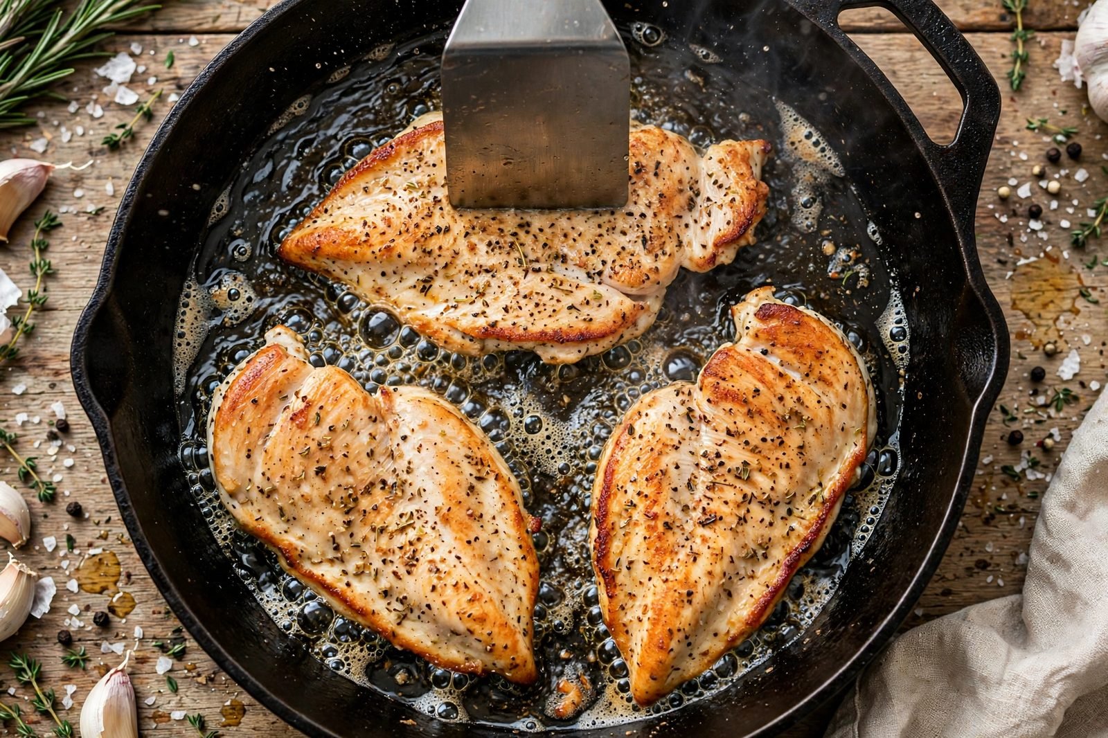 Chicken cutlets being pressed in a ripping-hot cast-iron skillet
