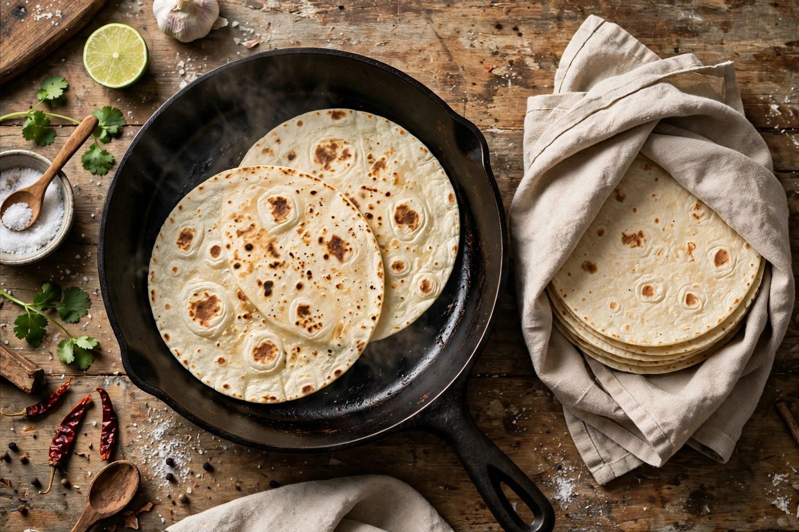 Flour tortillas warming in a skillet with light brown spots