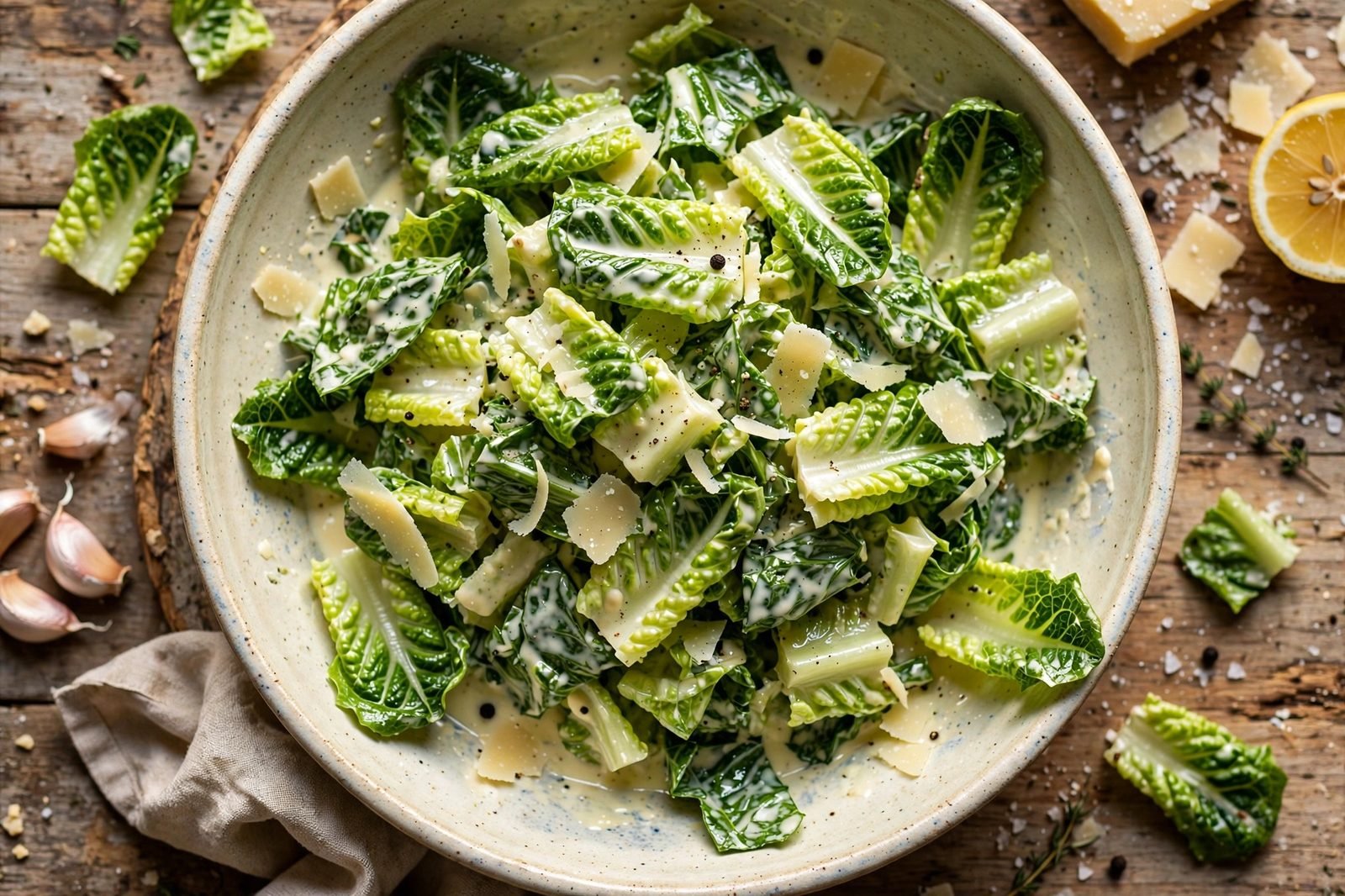 Romaine tossed with Caesar dressing and shaved Parmesan