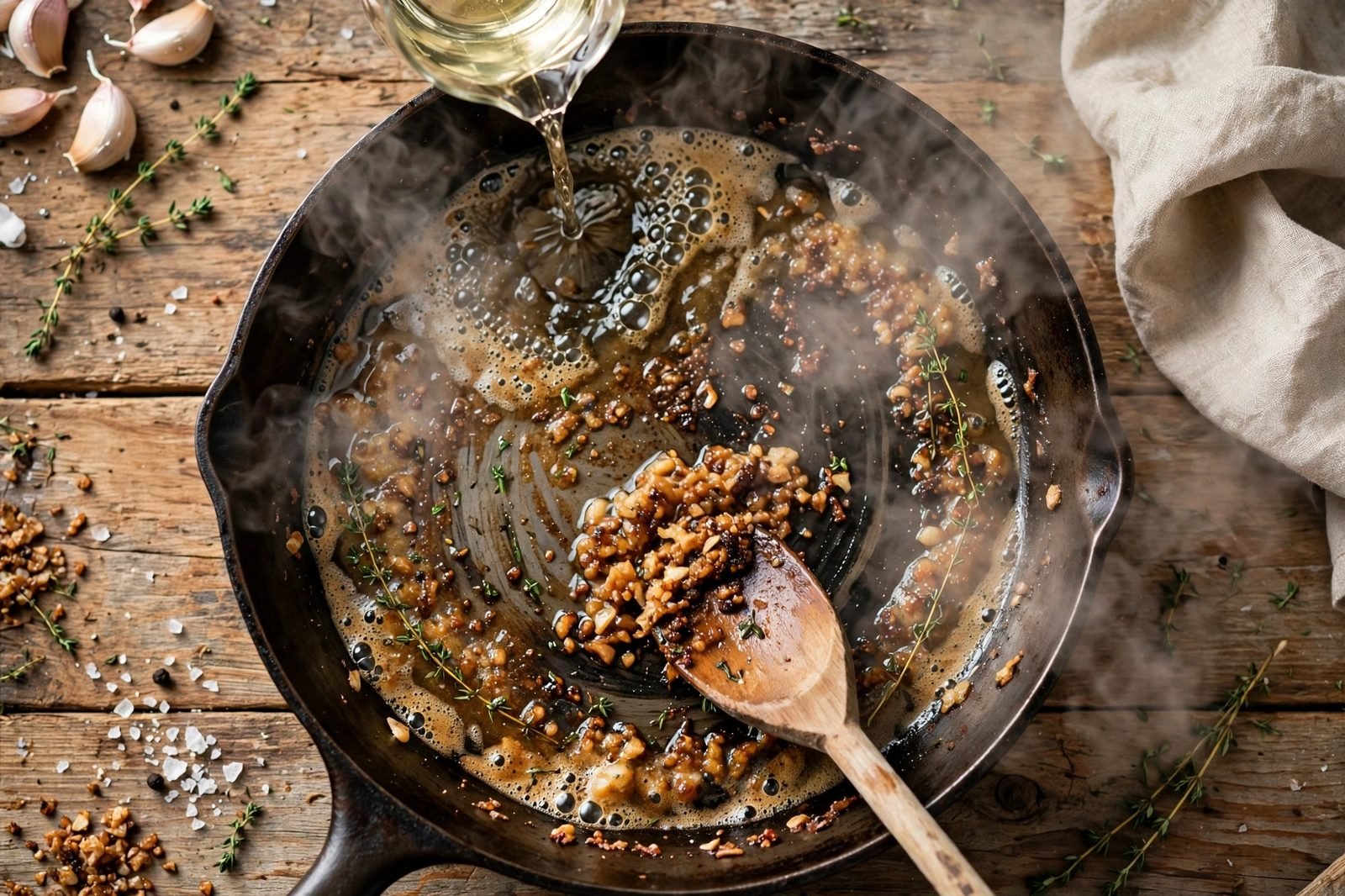 White wine being poured into the skillet to deglaze, browned bits visible on the pan