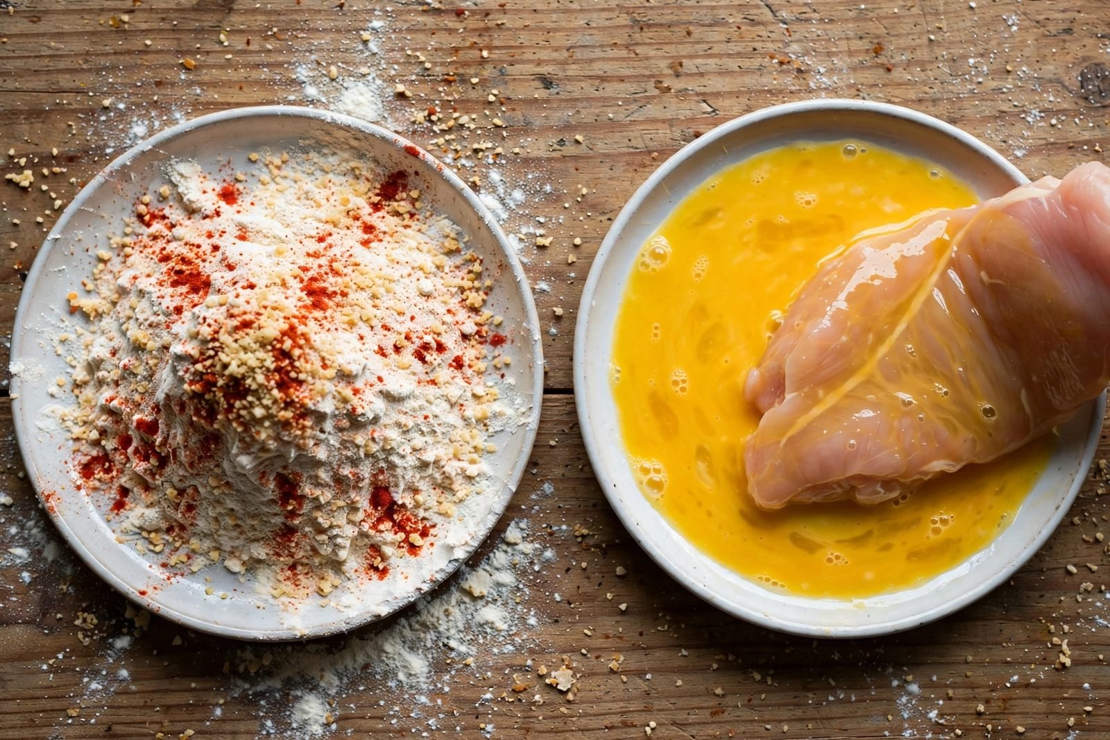 Two shallow dishes with seasoned flour and beaten eggs for dredging chicken cutlets