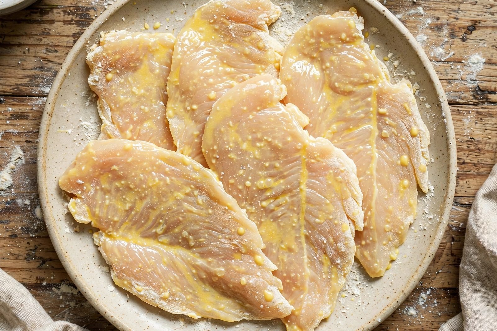 Egg-dipped chicken cutlets ready for the skillet on a plate