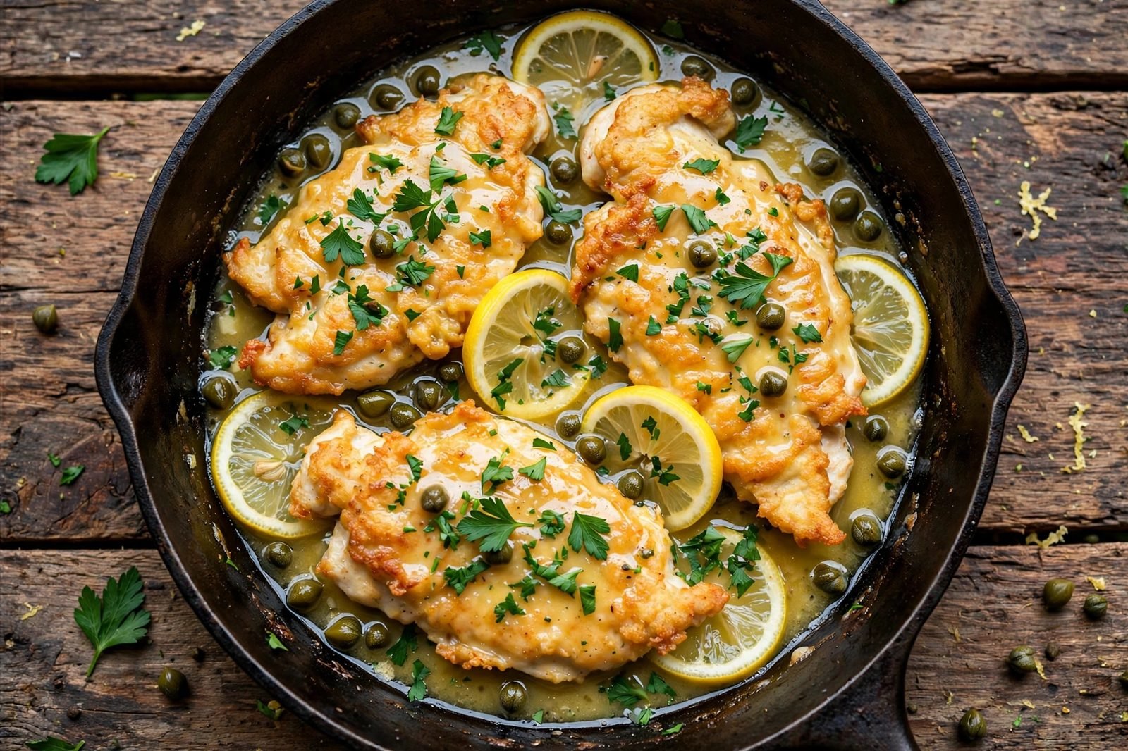 Overhead view of chicken francese in a skillet: golden egg-dipped cutlets in glossy lemon-butter sauce with capers, lemon slices, and parsley