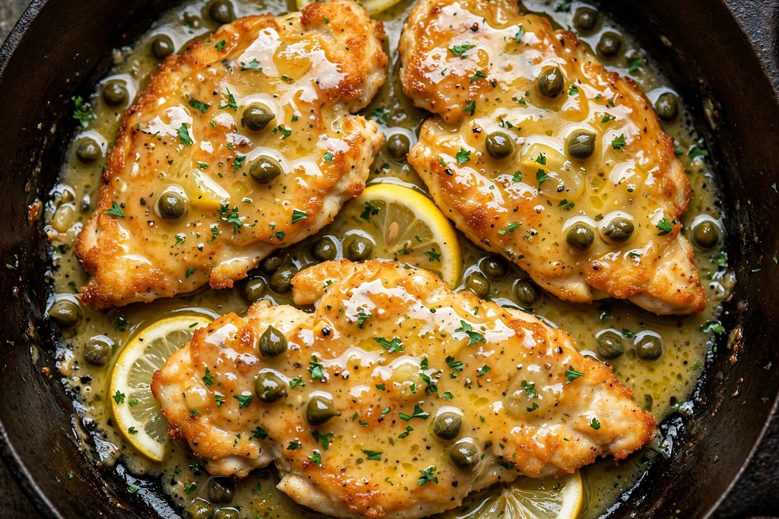 Close-up of finished chicken francese cutlets in glossy lemon-caper sauce