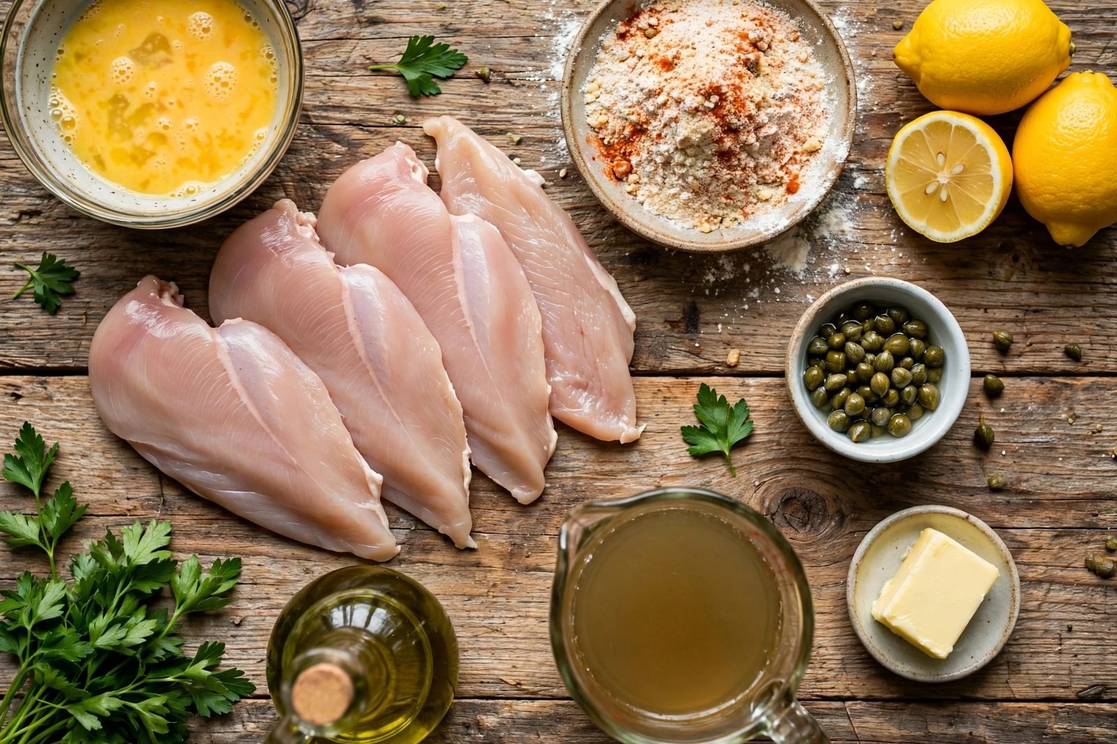 Ingredients for chicken francese: chicken breasts, flour, eggs, butter, olive oil, white wine, chicken broth, lemons, capers, and parsley